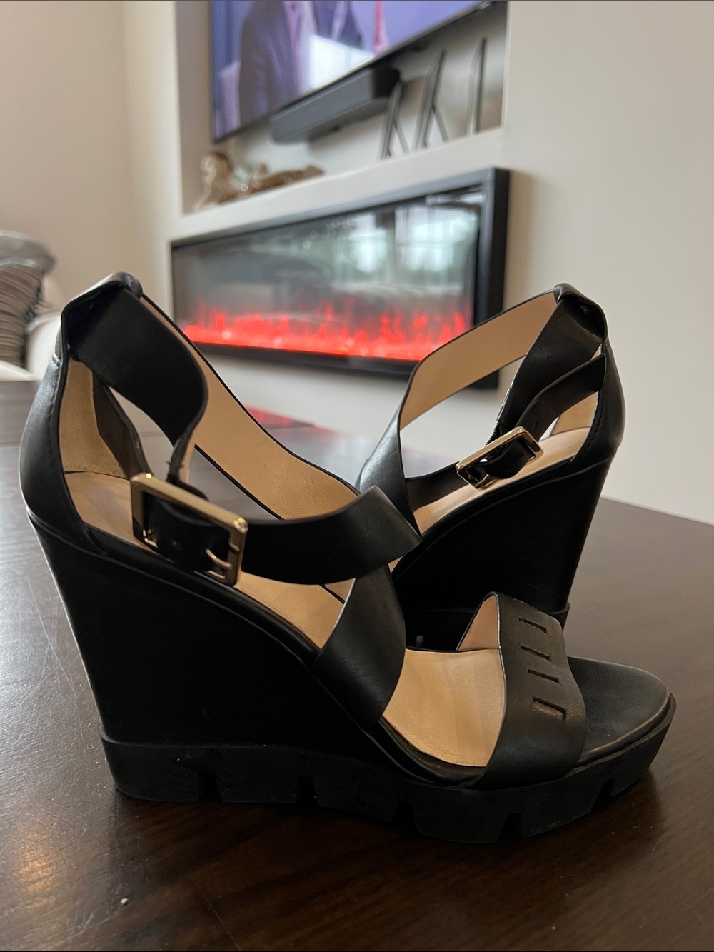 Nine West Black Leather Wedge Sandals with Gold Buckle